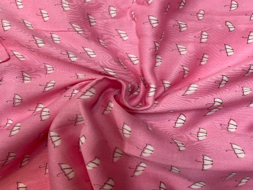 Pink White Umbrellas Cotton Mul Satin Fabric - Kapda Shop