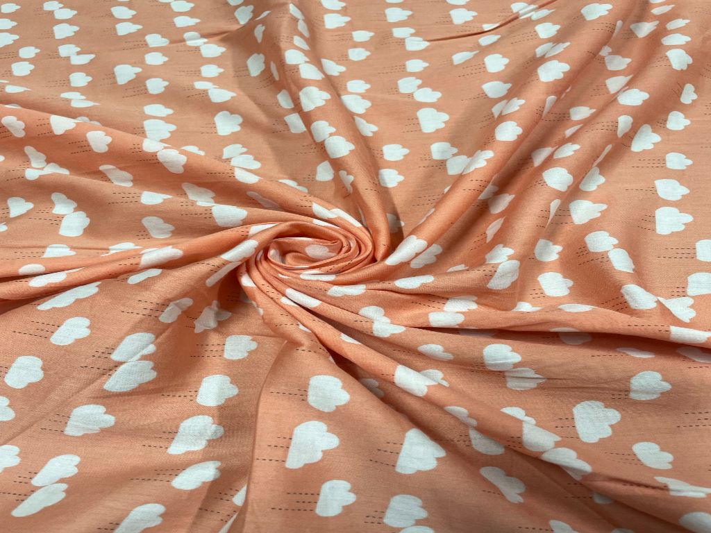 Orange & White Clouds Printed Cotton Mul Satin Fabric - Kapda Shop