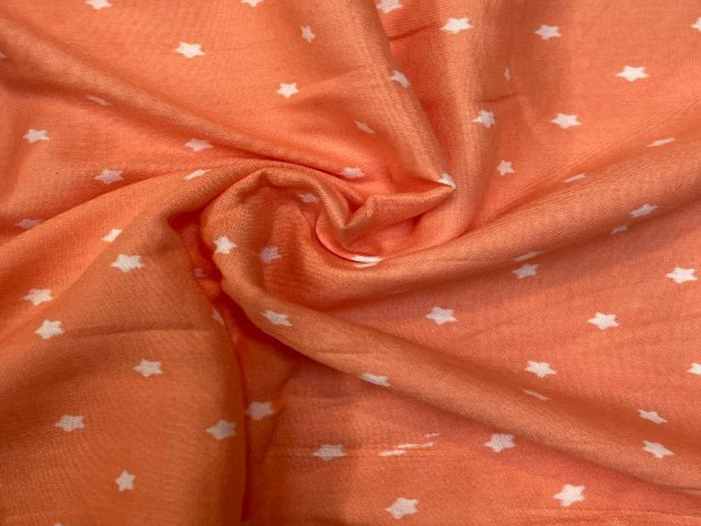 Orange & White Stars Printed Cotton Mul Satin Fabric - Kapda Shop