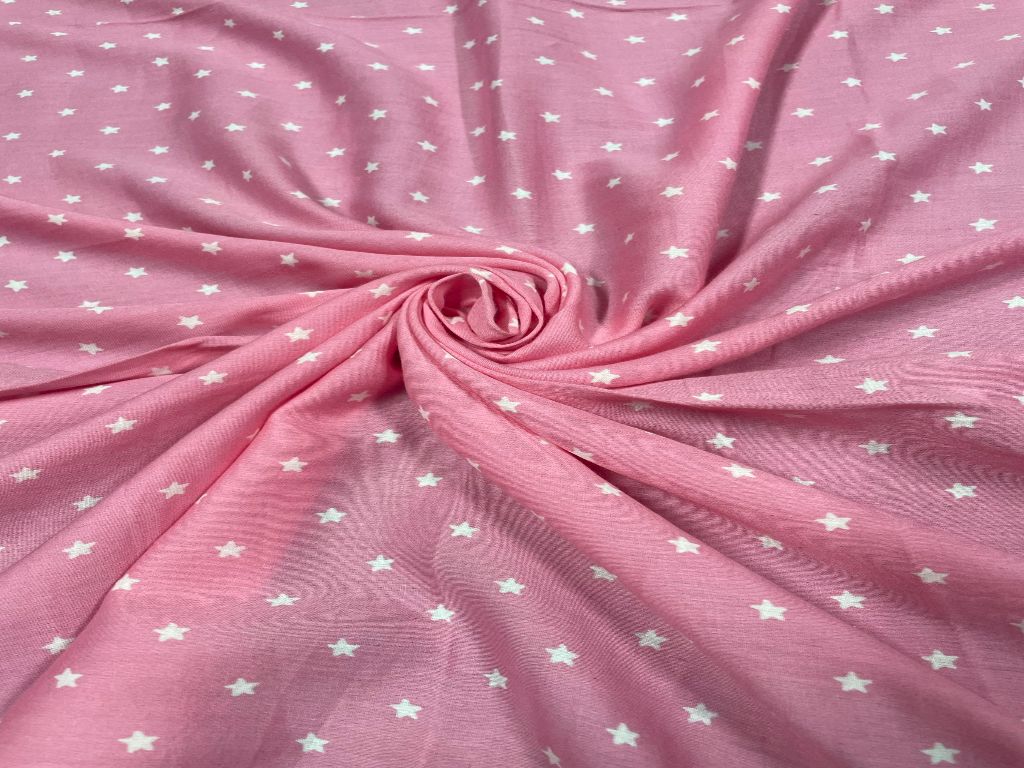 Pink & White Stars Printed Cotton Mul Satin Fabric - Kapda Shop