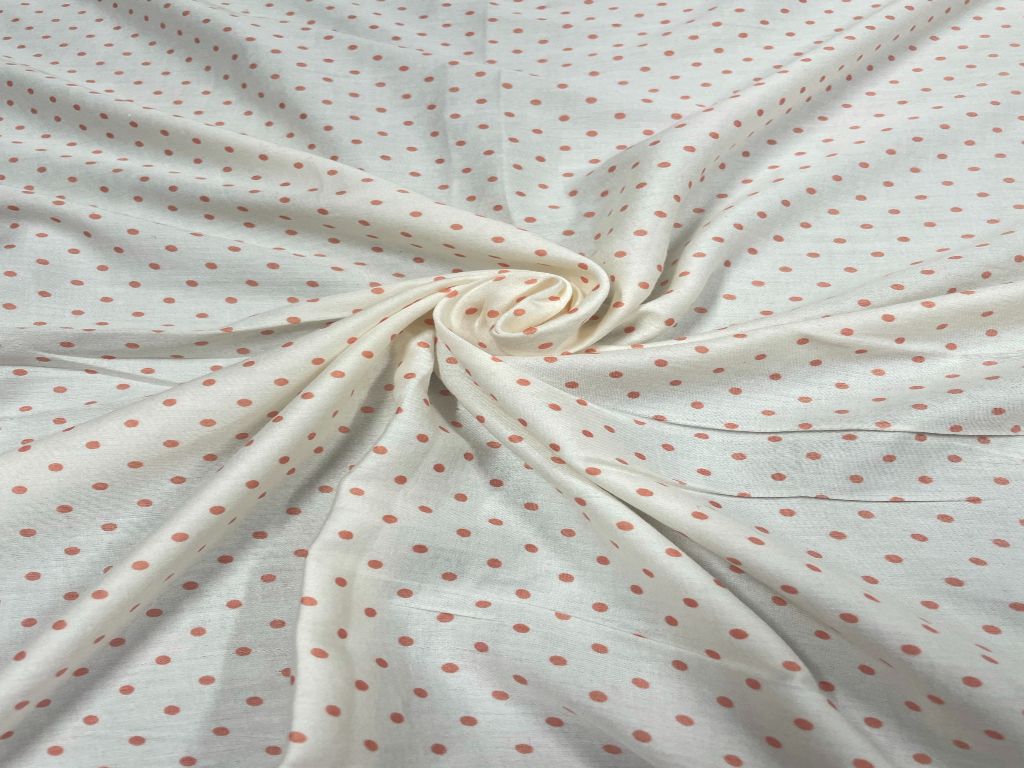 White & Orange Dots Printed Cotton Mul Satin Fabric - Kapda Shop