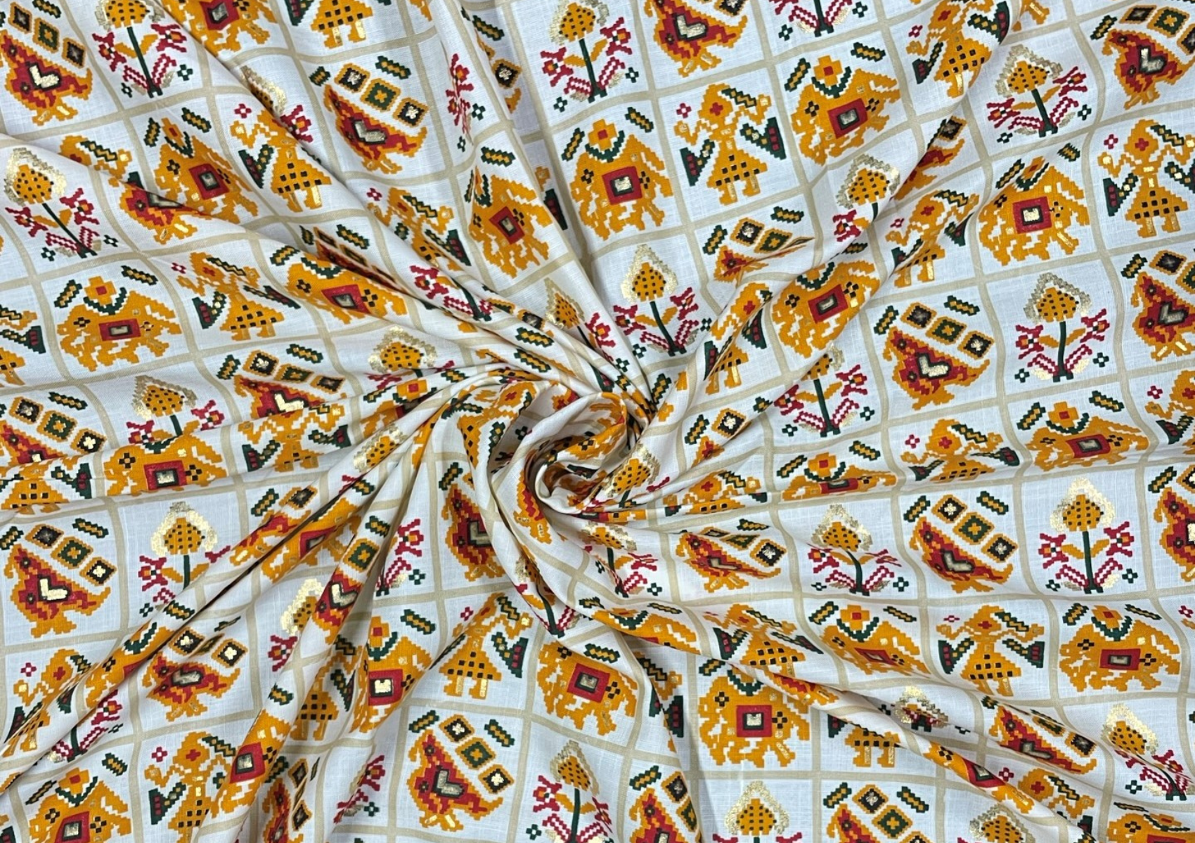 Multicolor Traditional Foil Printed Slub Linen Fabric - Kapda Shop