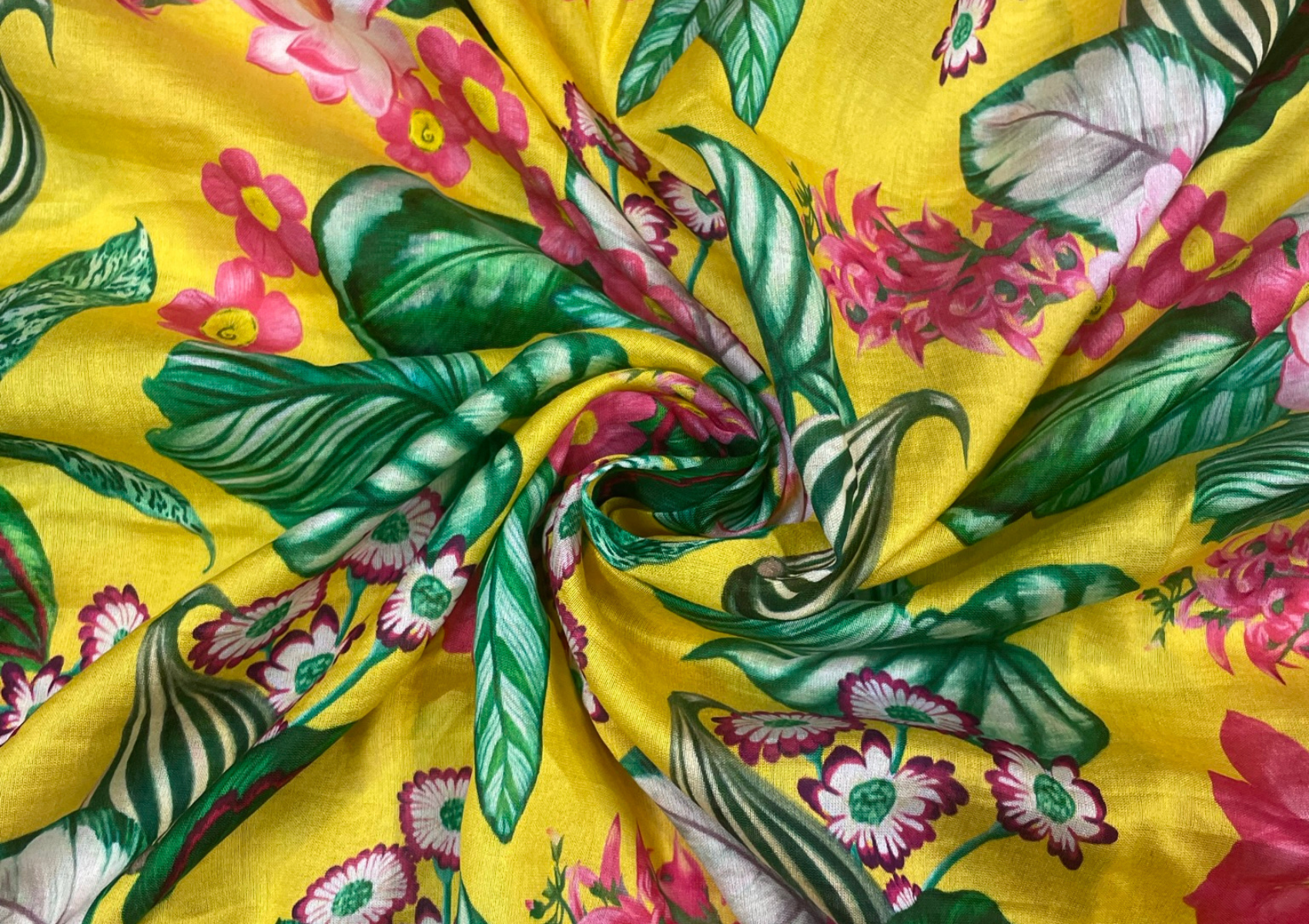 Yellow Floral Pure Chanderi Silk Fabric - Kapda Shop