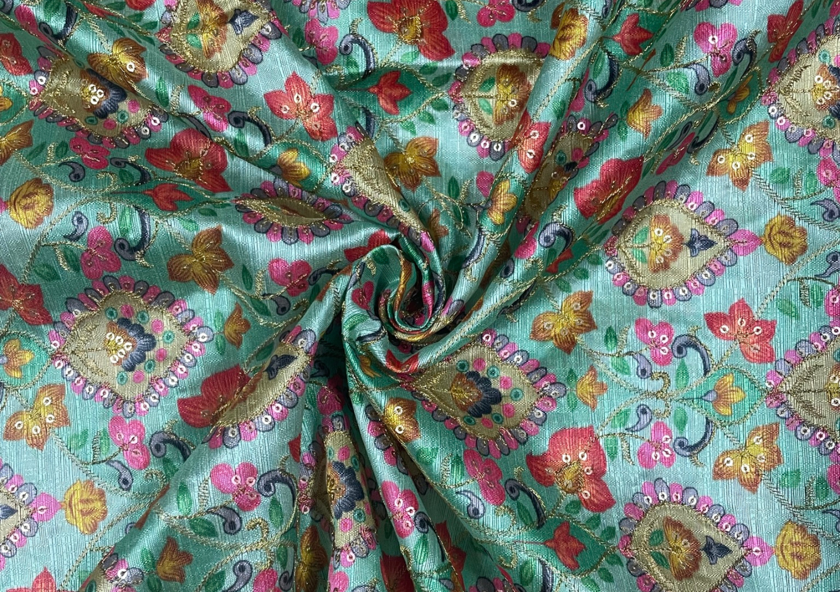 Multicolor Floral Embroidered Mulberry Silk Fabric - Kapda Shop
