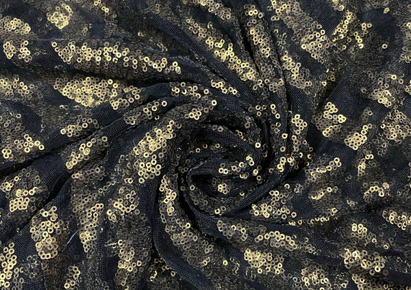 Black & Golden Waves Sequins Embroidered Net Fabric