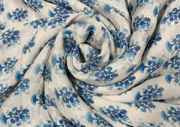 White & Blue Motif Printed Pure Checknet Silk Fabric