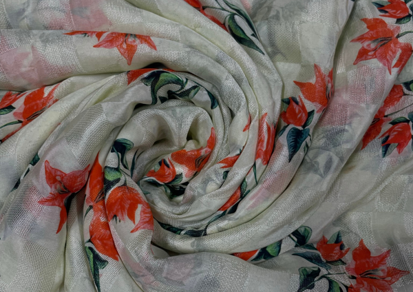 White Floral Pure Silk Checknet Fabric