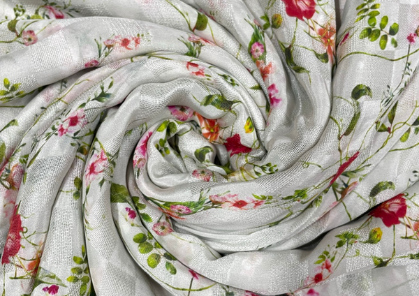 White Floral Printed Pure Checknet Silk Fabric