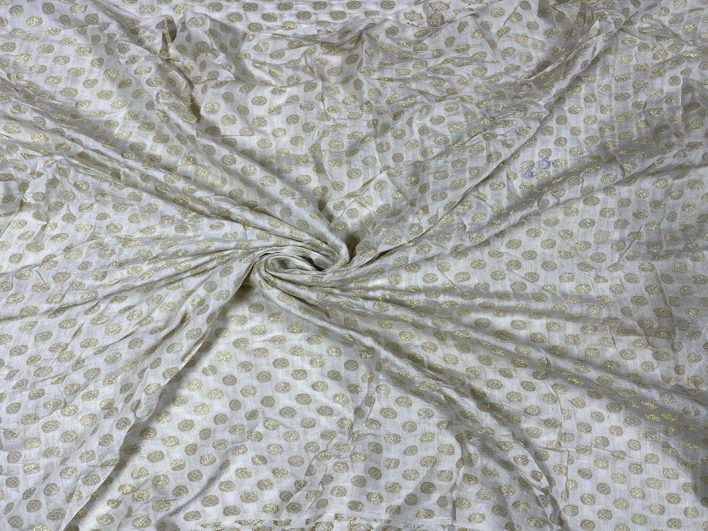 White Golden Circles Cotton Zari Dyeable Fabric - Kapda Shop