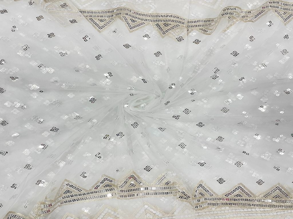 White Silver Geometric Motifs Dyeable Embroidered Net Fabric - Kapda Shop