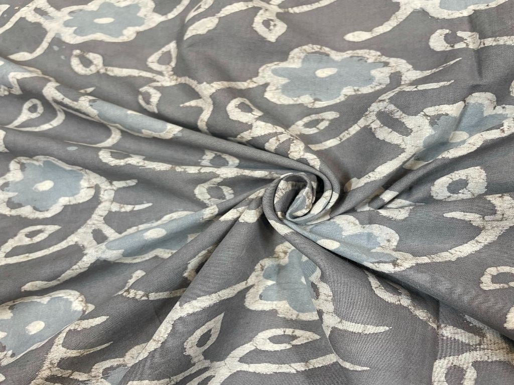 Grey Floral Cotton Cambric Dabu Print Fabric - Kapda Shop