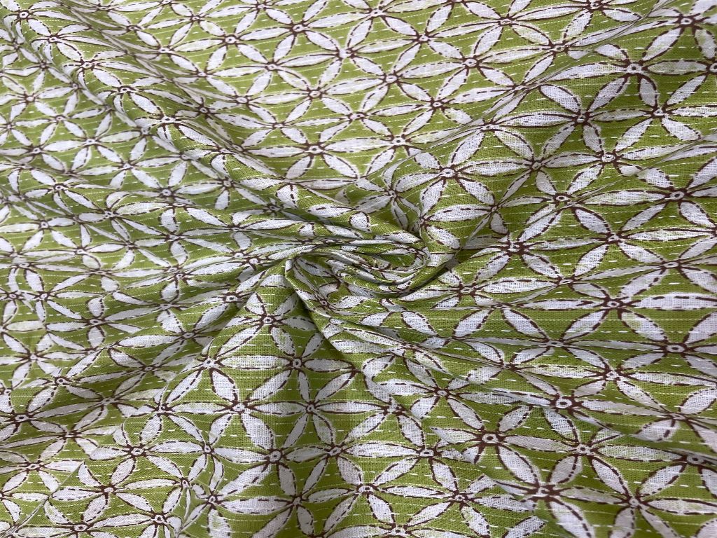 Green Floral Cotton Cambric Kantha Print Fabric - Kapda Shop