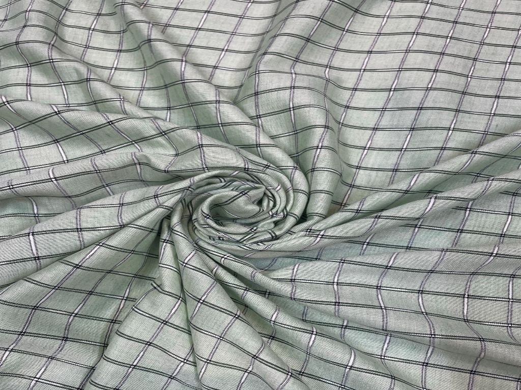 Mint Green Black Checks Yarn Dyed Cotton Fabric - Kapda Shop