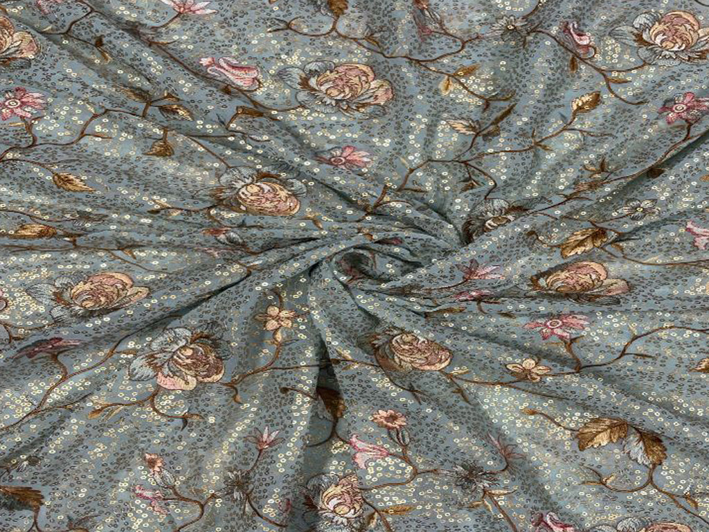 Sky Blue Floral Embroidered Georgette Fabric - Kapda Shop