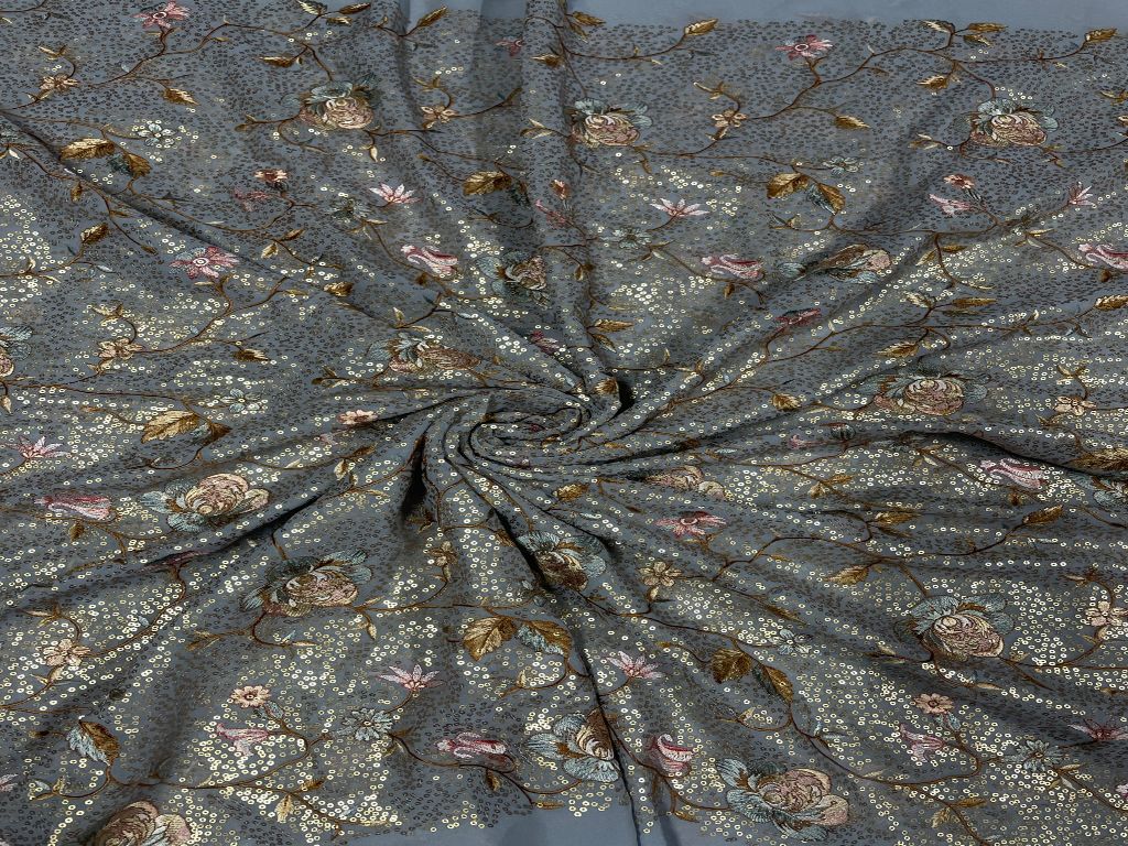 Grey Floral Embroidered Georgette Fabric - Kapda Shop