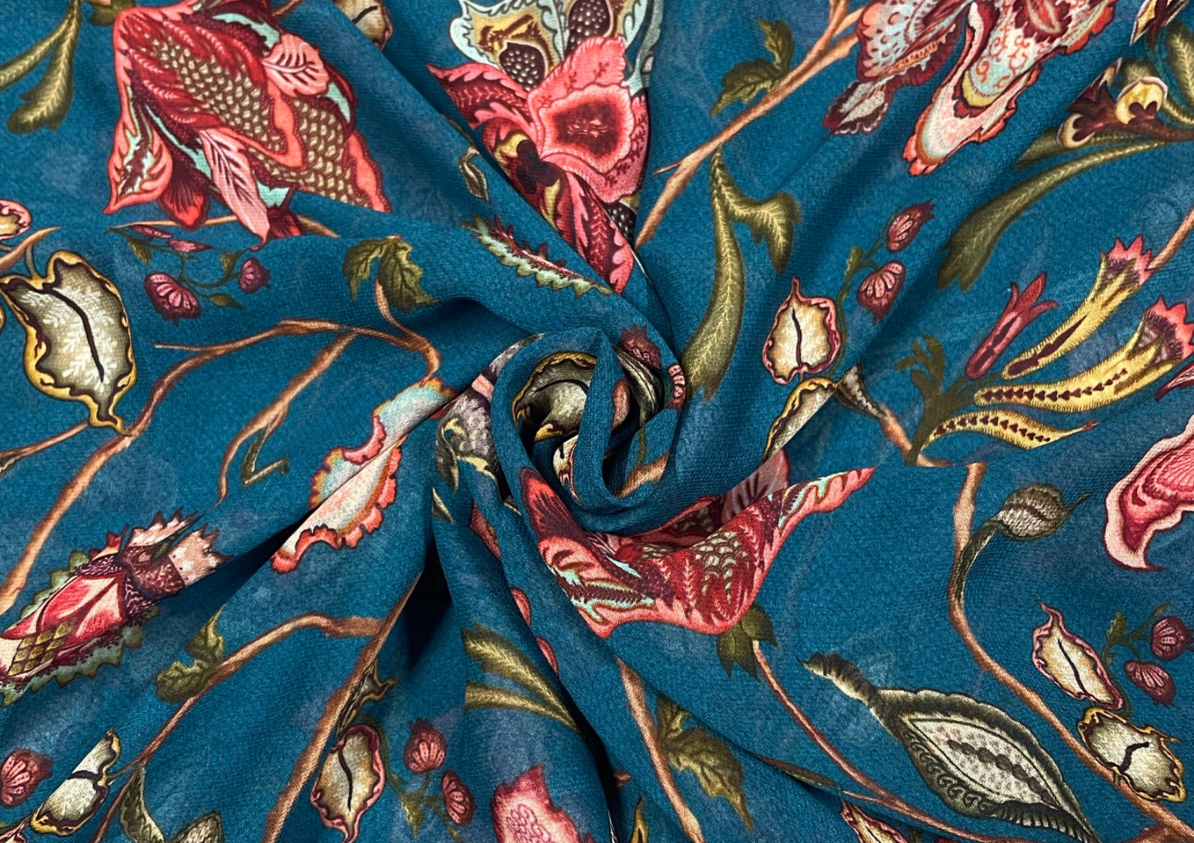 Peacock Blue Floral Georgette Fabric - Kapda Shop