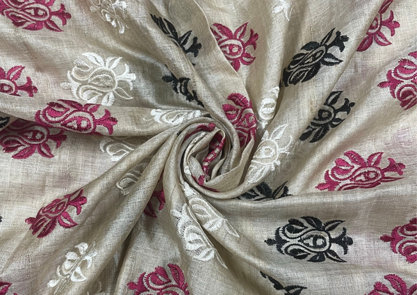 Beige Traditional Embroidery Multicolor Pure Tussar Fabric