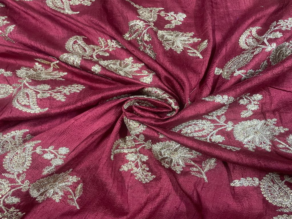 Maroon Floral Dyed Embroidered Pure Raw Silk Fabric - Kapda Shop