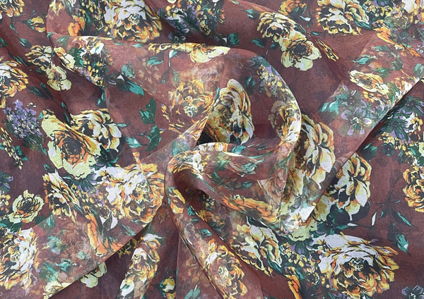 Brown Multicolour Flowers Printed Organza Fabric