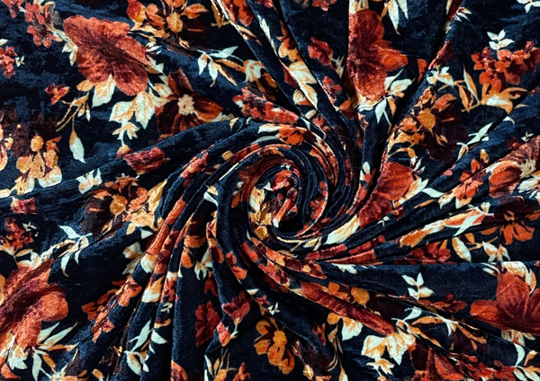 Blue & Orange Floral Velvet Fabric