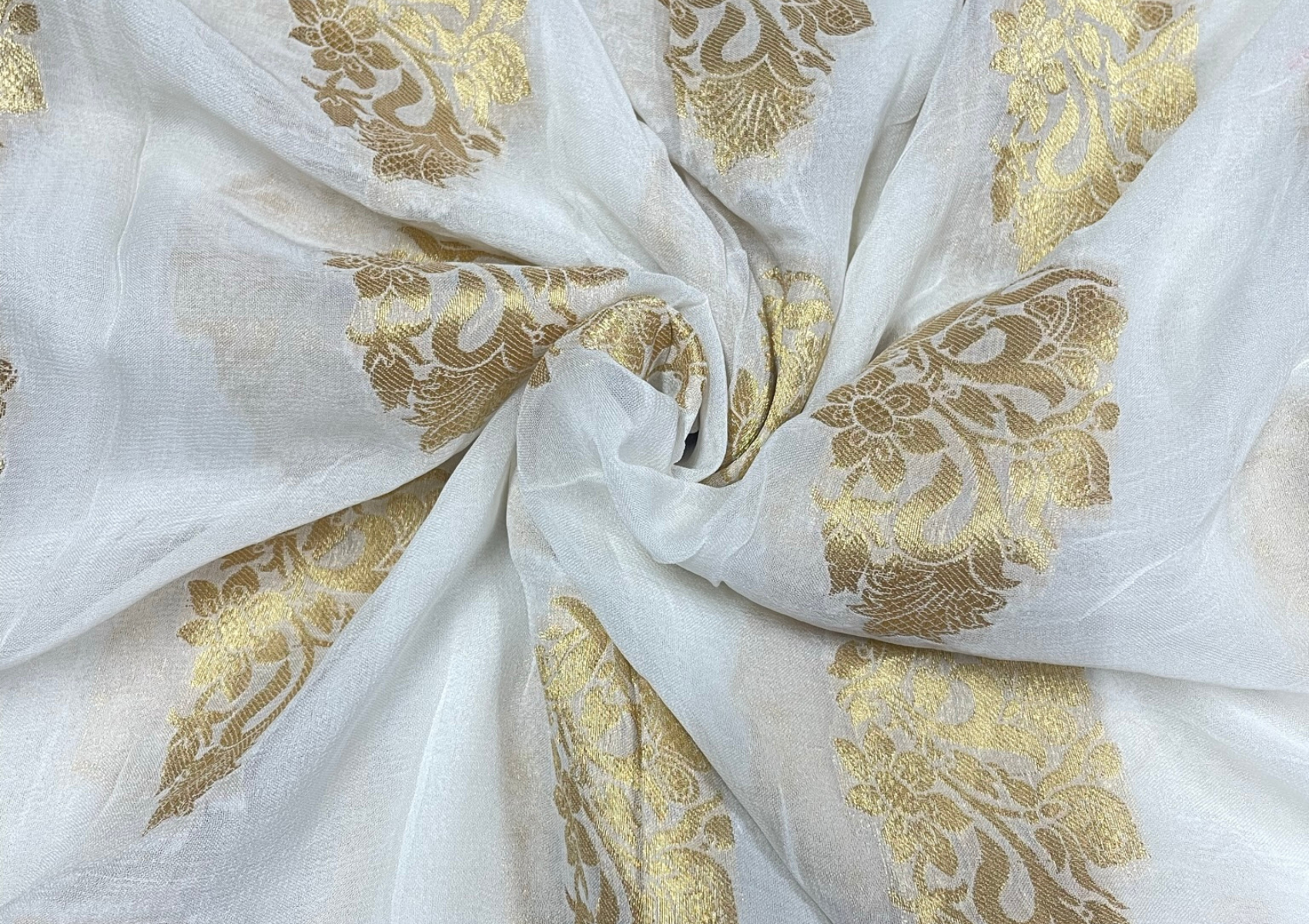 White & Golden Dyeable Semi Silk Banarsi Fabric - Kapda Shop