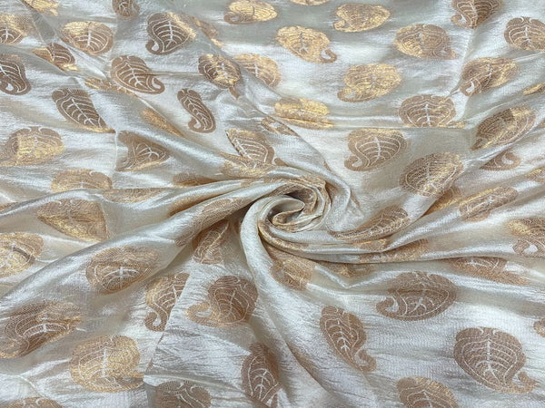White & Golden Dyeable Semi Silk Banarsi Fabric