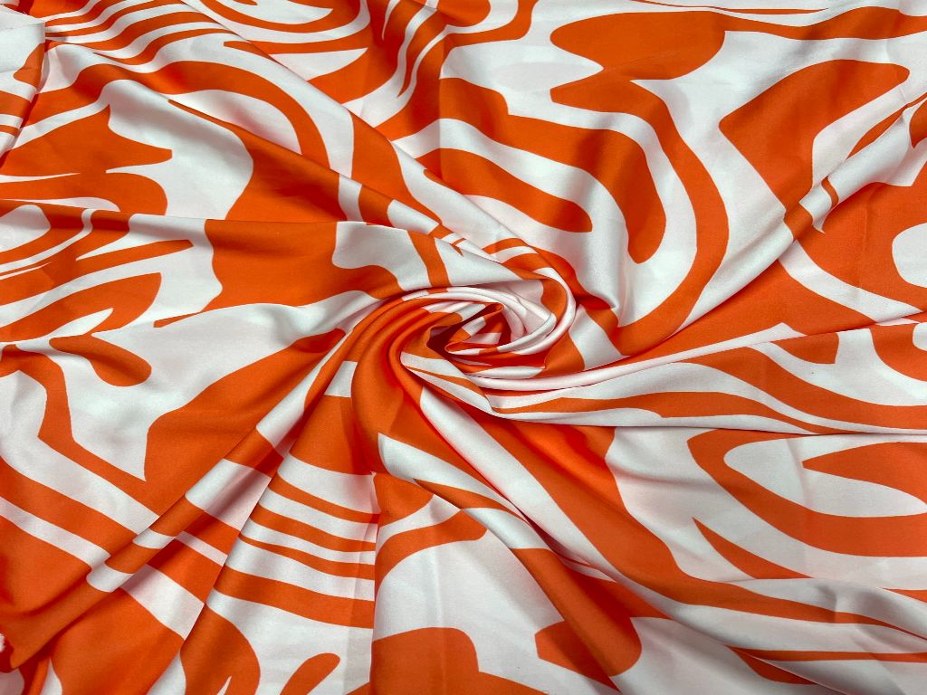Orange & White Abstract Armani Satin Lycra Fabric - Kapda Shop