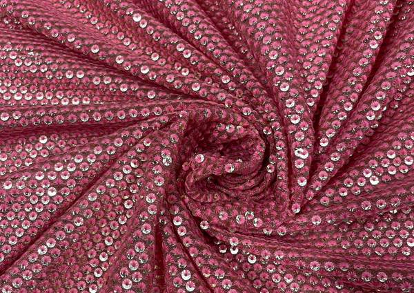 Pink Geometric Sequins Embroidered Net Fabric