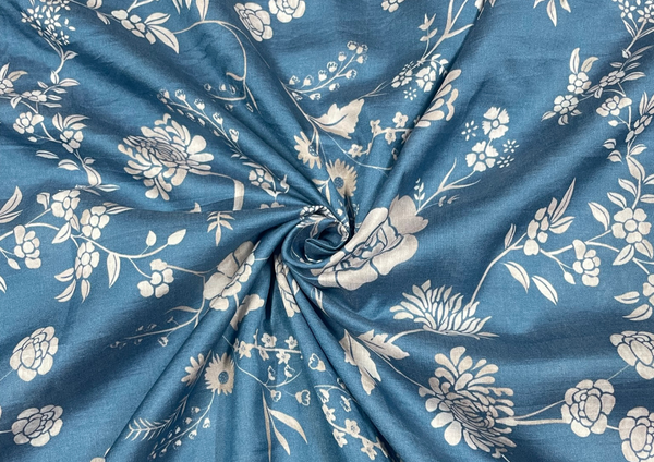 Steel Blue Floral Chanderi Silk Fabric