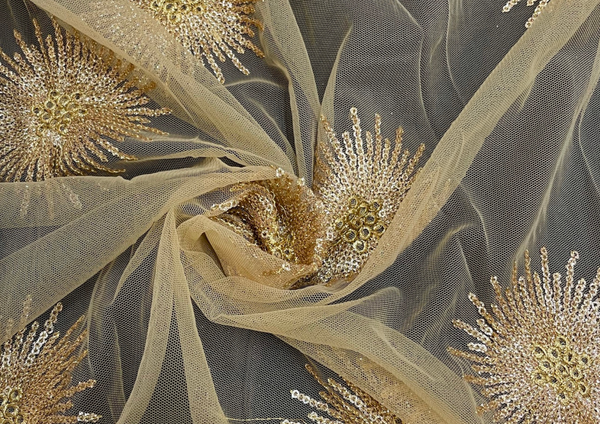 Golden Floral Motifs Embroidered Net Fabric