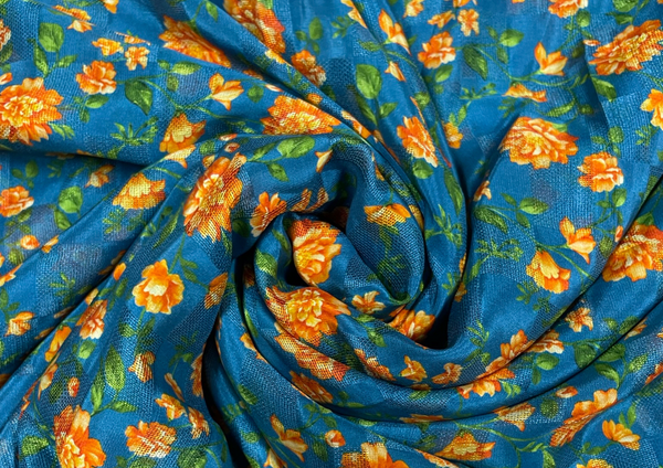 Turquoise Floral Printed Pure Checknet Silk Fabric