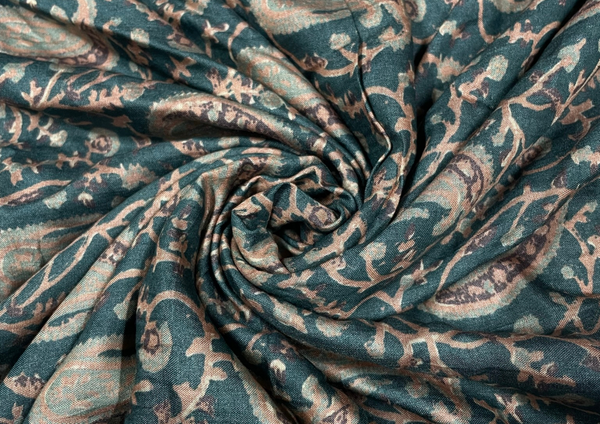Dark Cyan Blue Paisleys Printed Pure Monga Silk Fabric