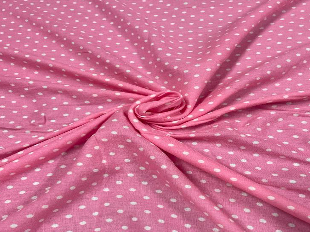 Pink White Polka Dots Cotton Mul Satin Fabric - Kapda Shop
