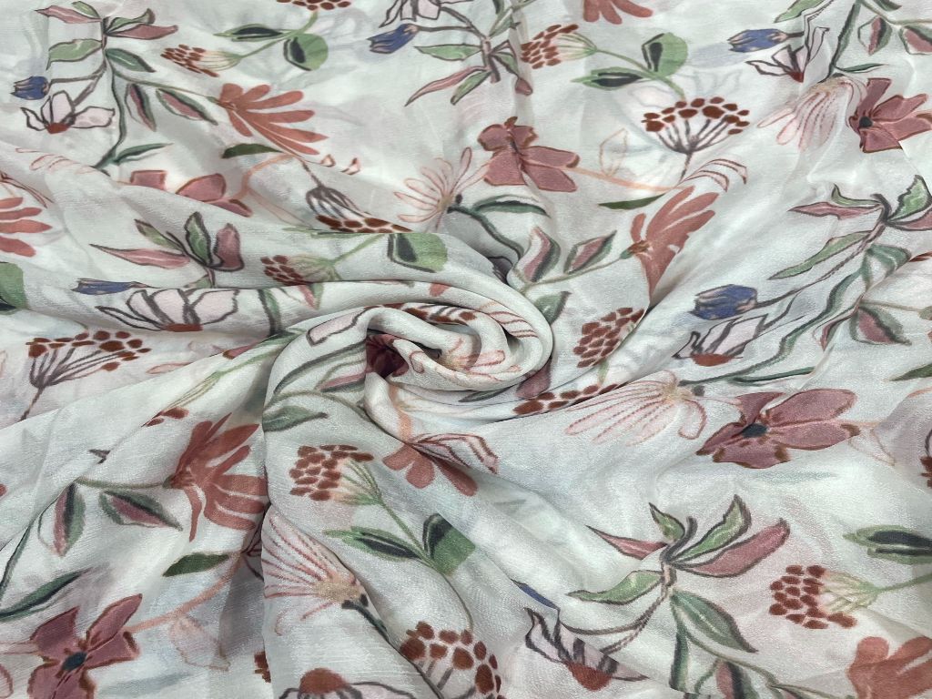 White Peach Floral Printed Pure Chiffon Fabric - Kapda Shop