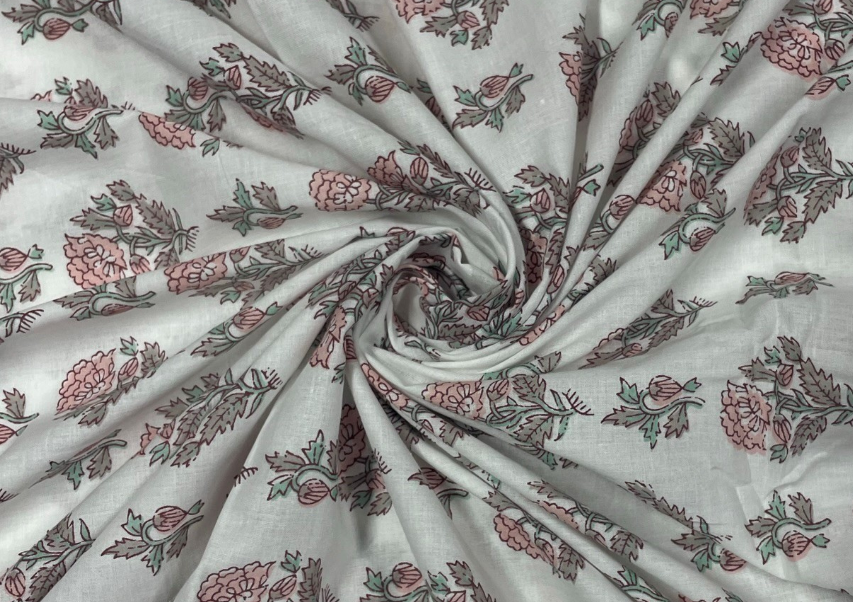 White And Pink Floral Printed Cotton Cambric Fabric - Kapda Shop
