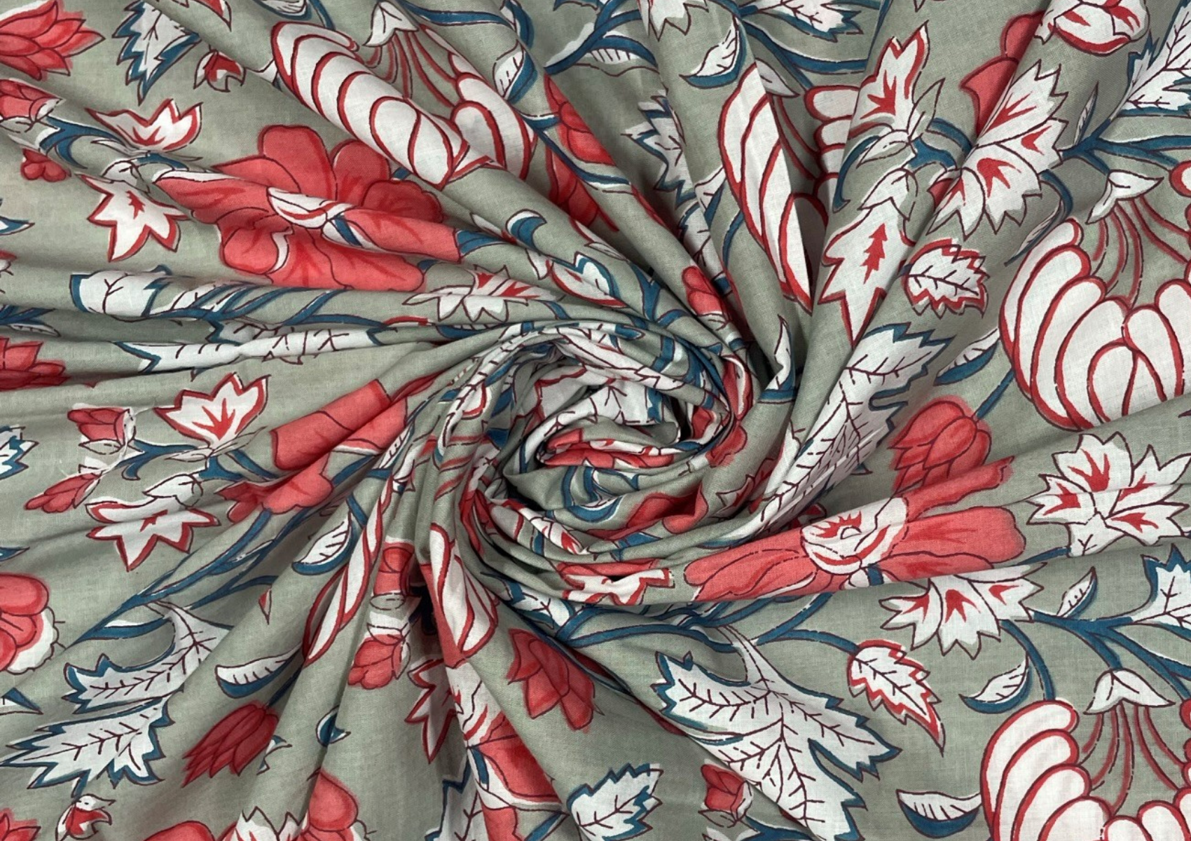 Light Grey Floral Printed Cotton Cambric Fabric - Kapda Shop