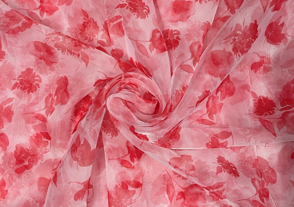 White & Red Floral Printed Organza Fabric