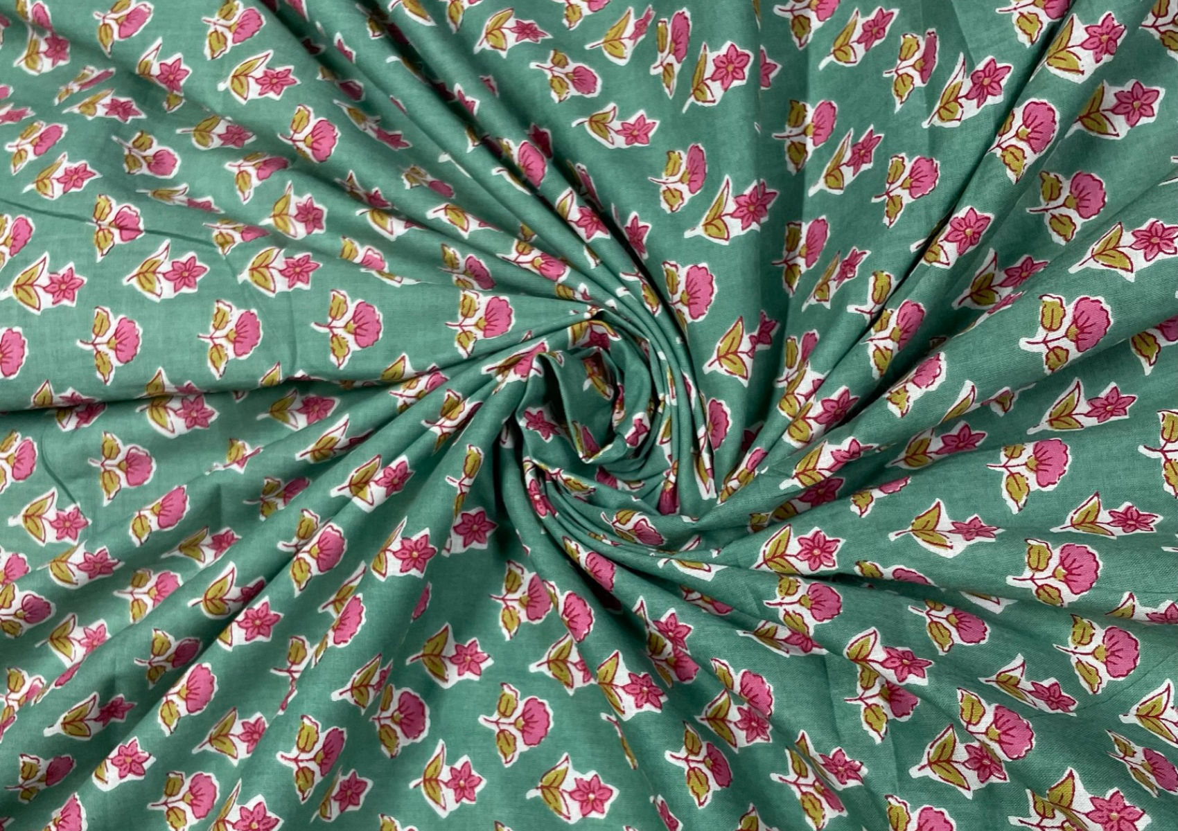 Green Floral Printed Cotton Cambric Fabric - Kapda Shop