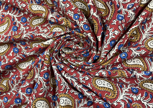Red Paisley Printed Kalamkari Cotton Cambric Fabric