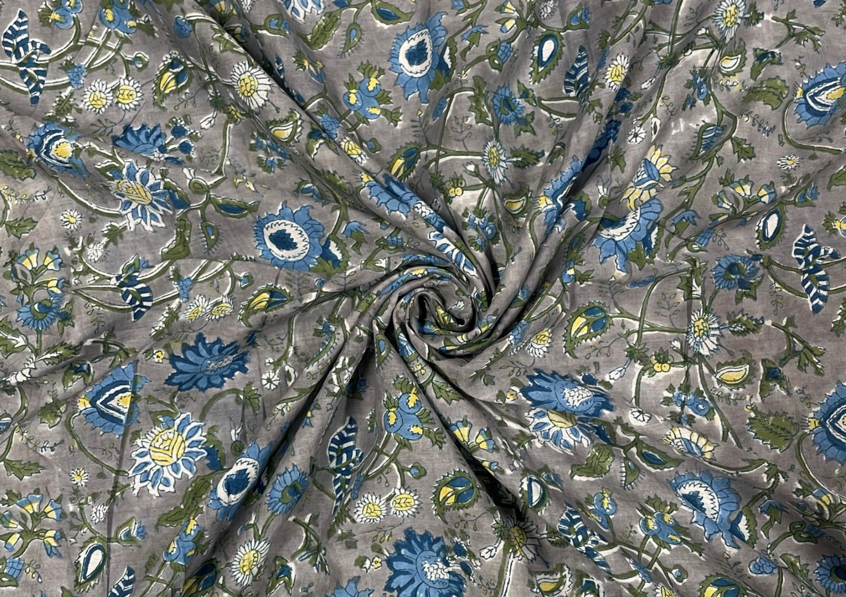 Grey And Blue Floral Printed Voil Cotton Fabric - Kapda Shop