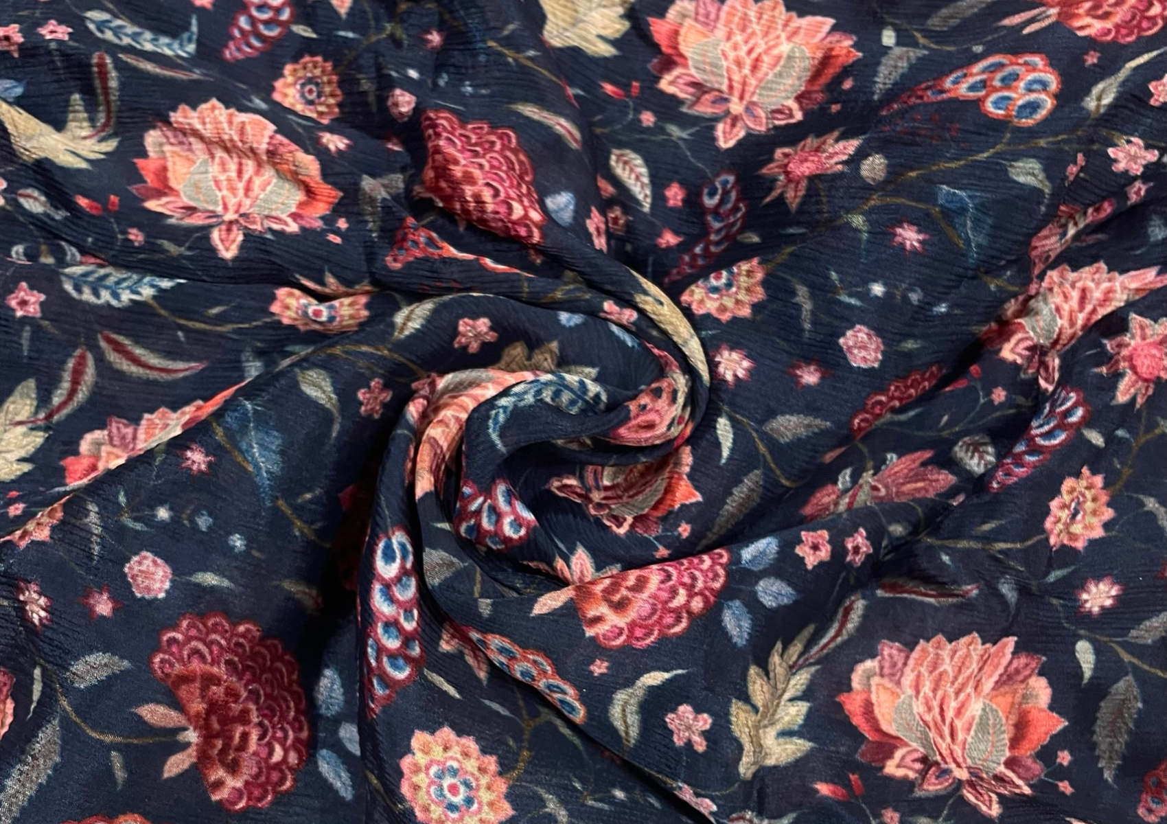 Dark Blue Floral Printed Chiffon Fabric - Kapda Shop