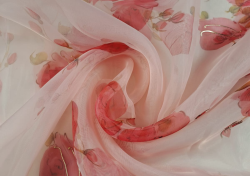 Printed Poly Organza White Rose Pink Floral