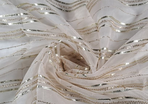 Dyeable Embroidered Organza Off White Golden Stripes