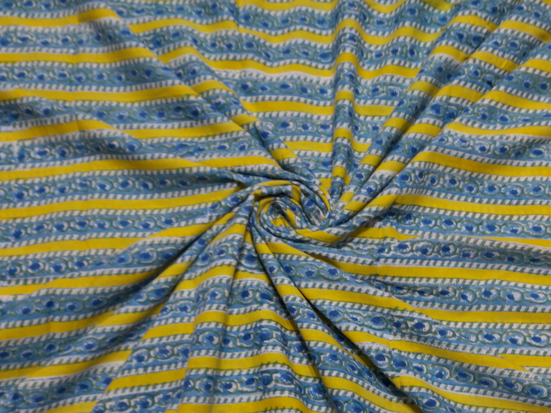 Mustard Blue Stripes Cotton Cambric Kalamkari Fabric
