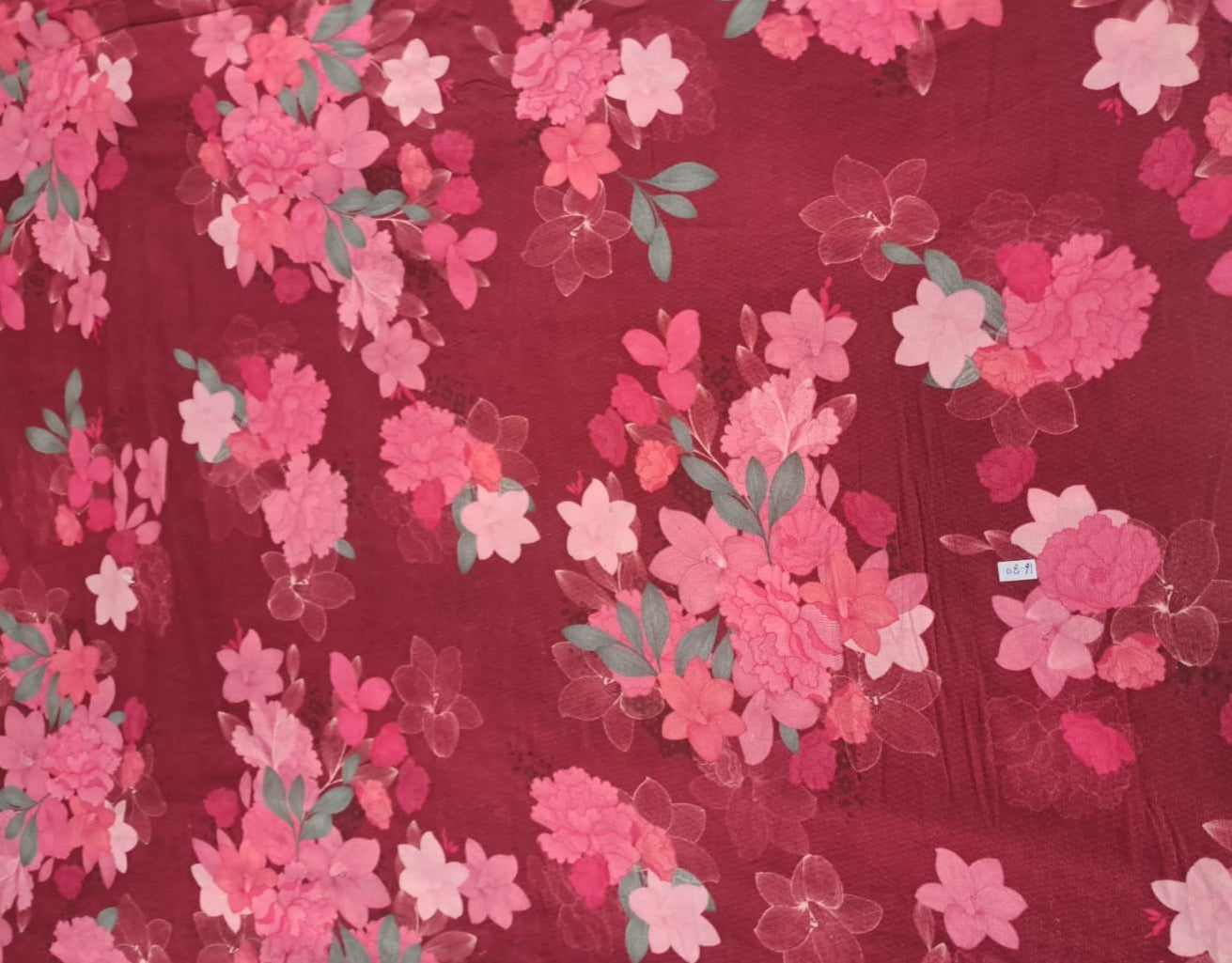 Maroon Floral Premium Pleated Corduroy Fabric