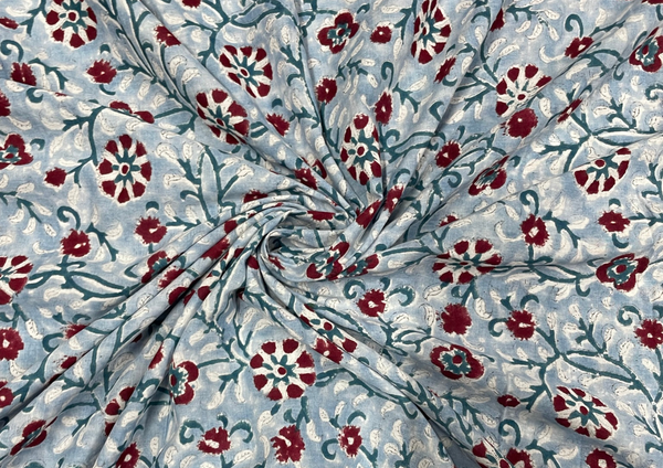Printed Cotton Cambric Sky Blue Red Floral