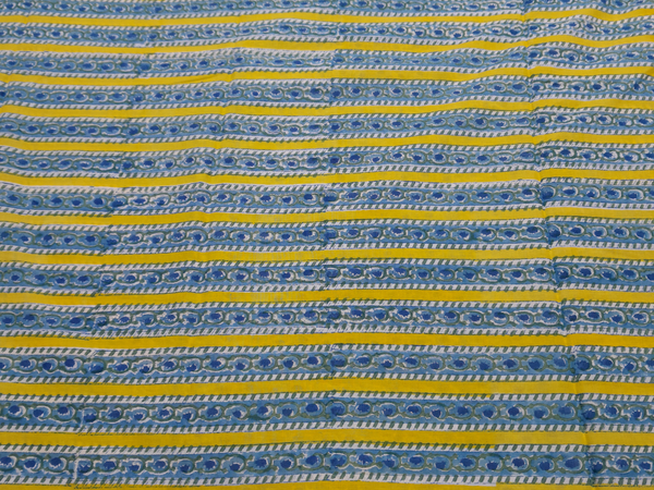 Mustard Blue Stripes Cotton Cambric Kalamkari Fabric