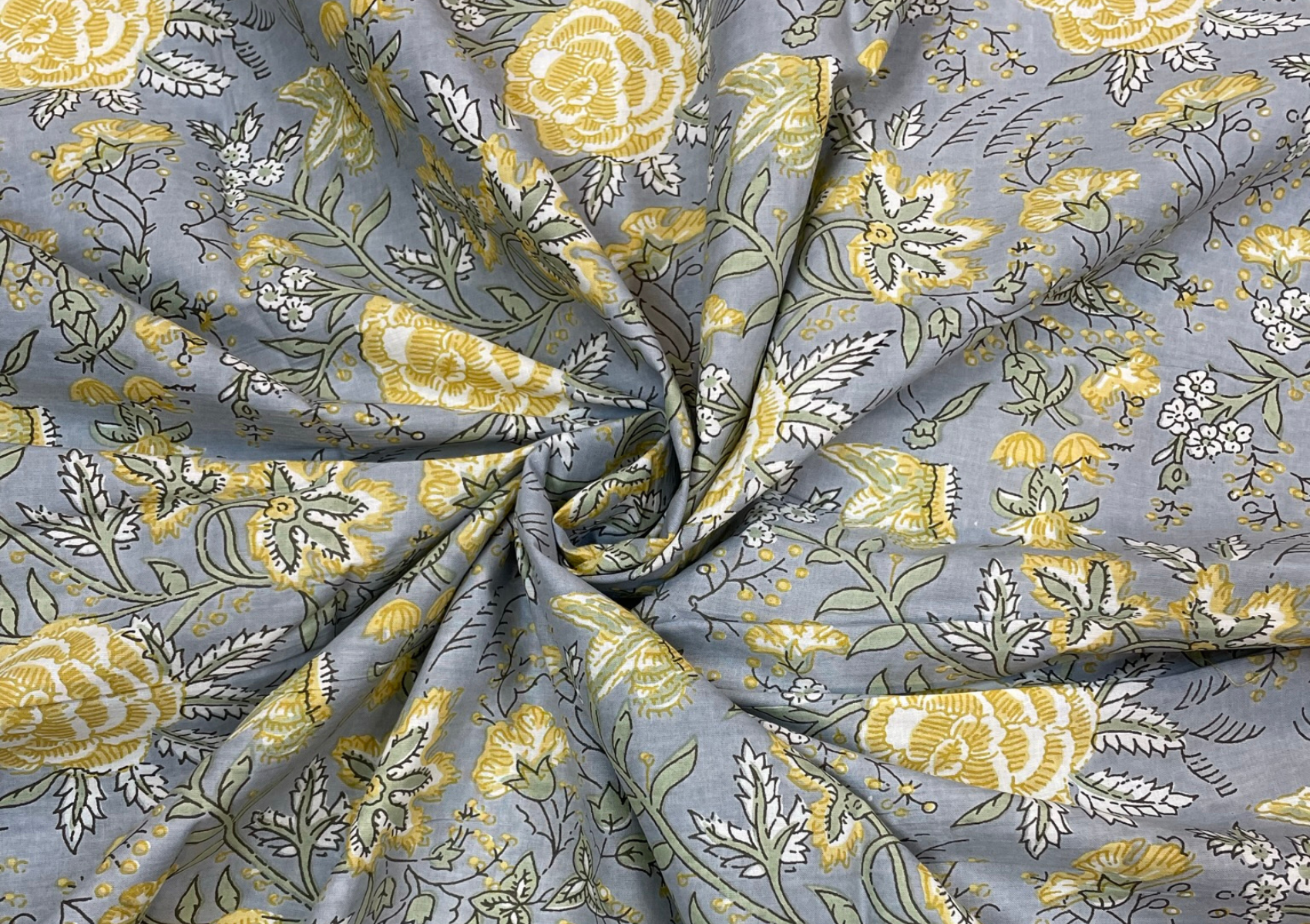Grey Floral Printed Cotton Cambric Fabric