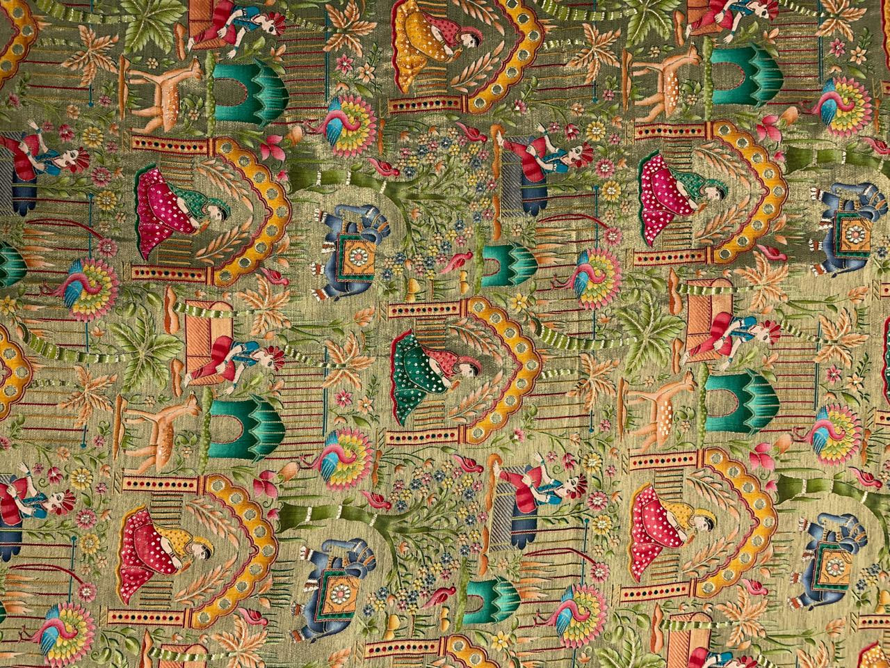 Green Traditional Dola Jacqard Embroidered Fabric