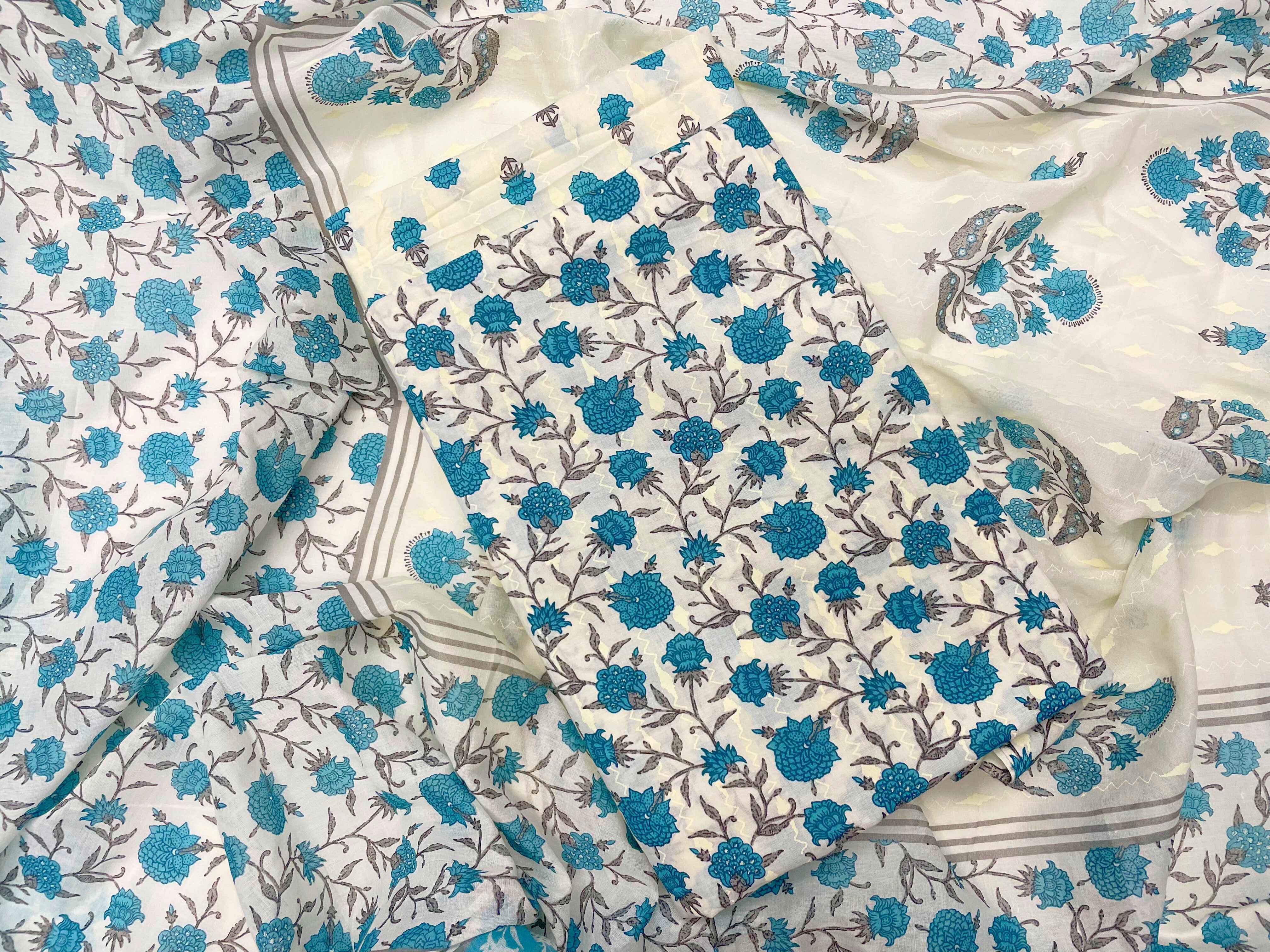 White & Blue Floral Pure Cotton Suit Set With Dupatta (Unstitched)